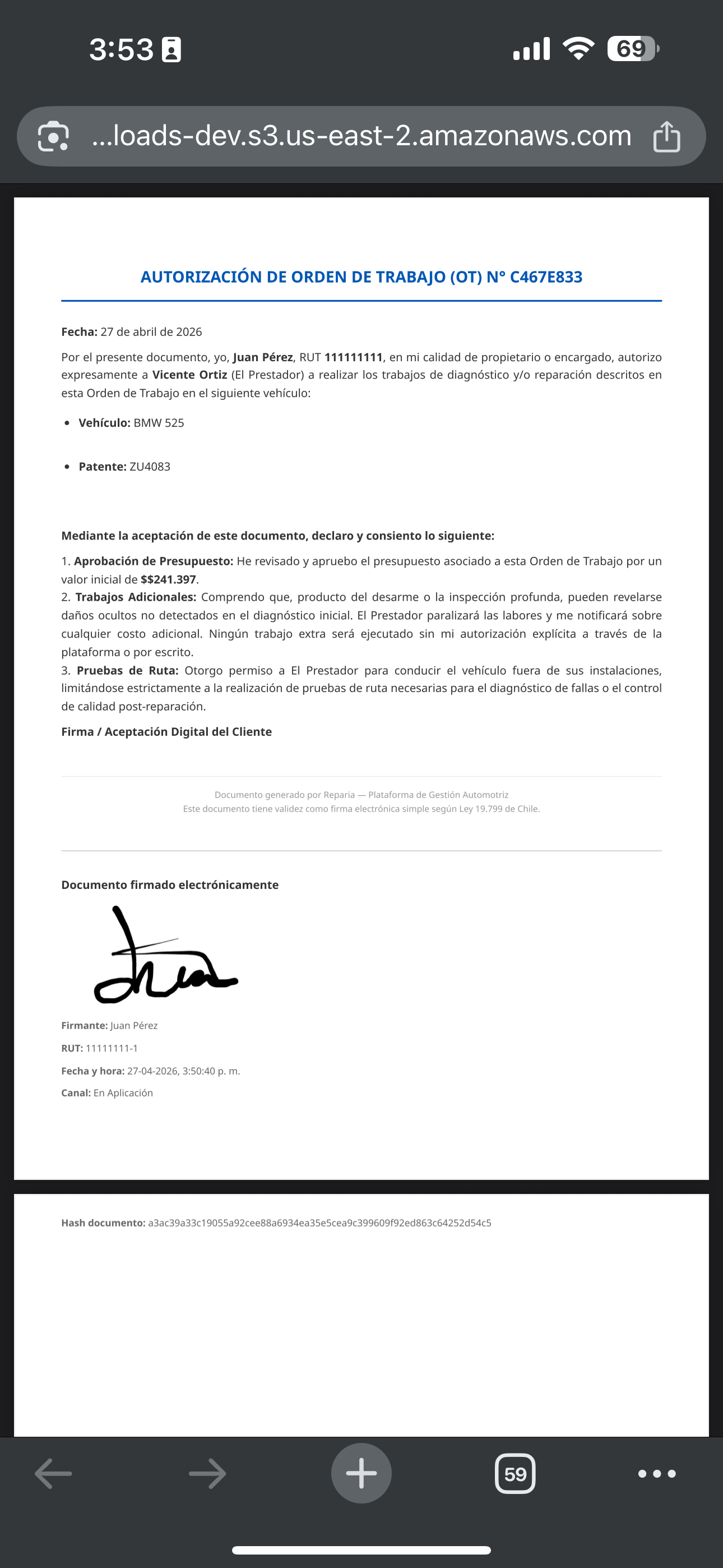 Reparia - Orden de trabajo con firma electrónica