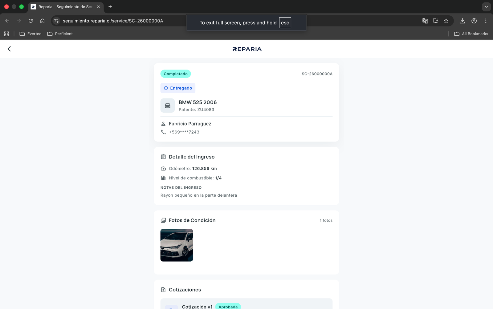 Portal de clientes Reparia - Vista principal