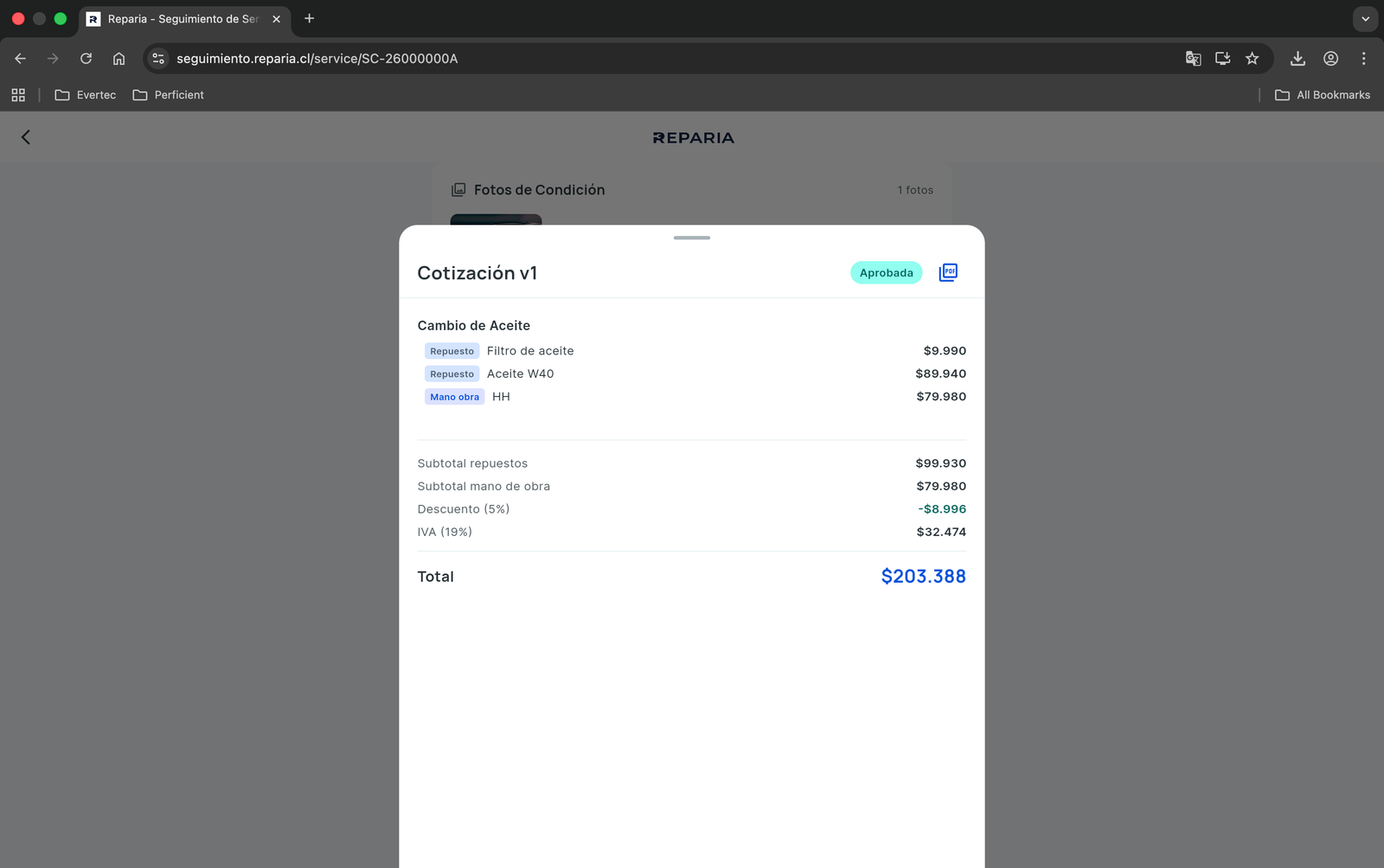 Portal de clientes Reparia - Vista de cotización